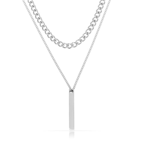 Made by Nami Silber Halskette Herren Doppellagig aus Chirurgischem Edelstahl 316 Kette für Herren mit Anhänger und runden Charms Männer Schmuck (Stab, Silber)
