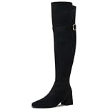 SUEDI Women's Over The Knee Boots Chunky Heel Thigh High Boots Suede Long Boots Pointed Toe Tall Boots for Women Black Size 8