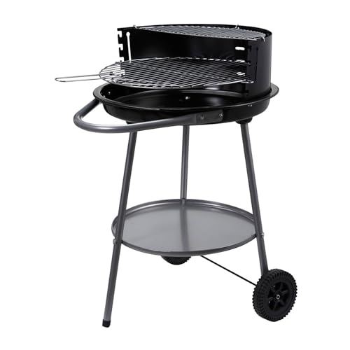 Well Home Barbacoa de Carbón Redonda Ø51 cm con Ruedas y Cortavientos - Parrilla Doble de Cocción - con Cuba Esmaltada y Asa