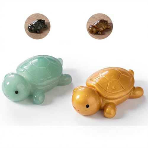 ICHAG 2-Pack Color Changing Turtle Tea Pet Figurines Cute Feng Shui Prosperity Charms in Green & Gold Miniature Tortoise Statues for Tea Trays Gifts for Tea Lovers & Animal Decor Fans