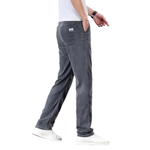 Men's Summer Thin Jeans Lyocell Fabric Soft Breathable Straight Denim Pants Elastic Trousers
