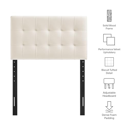Image of Modway Lily Twin Size Stain-Resistant Performance Velvet Headboard in Alabaster - Velvet Upholstery with Button Tufting and 4 Adjustable Height Positions