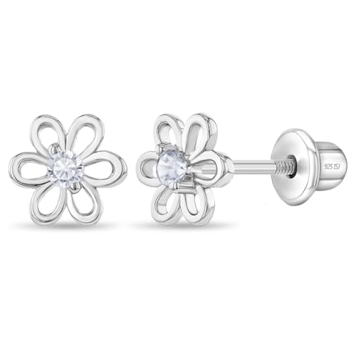 Image of In Season Jewelry CZ Flower Kids Earrings - 925 Sterling Silver Hypoallergenic Earrings for Girls with Secure Screw Backs - Safe & Comfortable for Toddlers, Kids & Little Girls