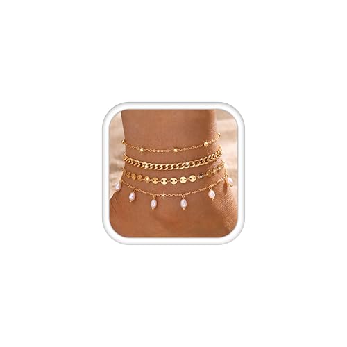 JeryWe 4 Stück Fußkettchen für Damen Layered Wasserdicht Fussketten für Frauen 14K Vergoldet Edelstahl Fußkette Damen Stapelbare Sommer Strand Schmuck Perlen CZ Tennis