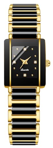 BESTKANG Montre à quartz vintage carrée en céramique pour femme avec accents de diamant, étanche, élégante, noir/doré, Tendance