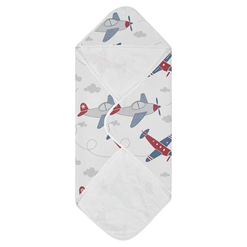 Image of Burbuja Cartoon Airplane Baby Bath Towel - Soft Absorbent Muslin Cotton Hooded Towel for Newborn Infant Toddler, 35x35 in