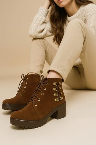Image of Women's Ankle Boots | Stylish & Trendy Lace Up Design Fashion High Ankle Chelsea Boot with Heel | Durable Suede Leather Stylish Block Heeled Western Boots For Girls & Women