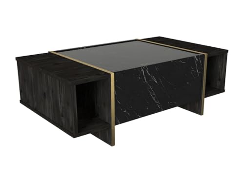 Vente-unique-Mesa de Centro con 1 Puerta 2 estantes - Efecto mármol Negro, Natural Oscuro y Dorado - CADEBA II
