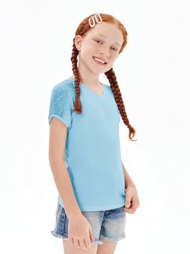 Image of Haloumoning Girls V Neck T-Shirts Kids Summer Swiss Dot Short Sleeve Tops Cute Fashion Tees 5-14 Years