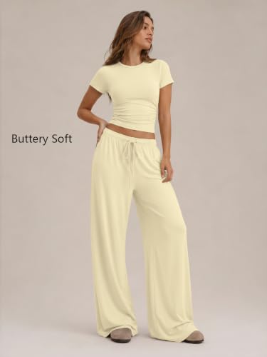 Image of Trendy Queen 2 Piece Matching Summer Lounge Set Womens Side Ruching Top Wide Leg Pants Sets with Pockets