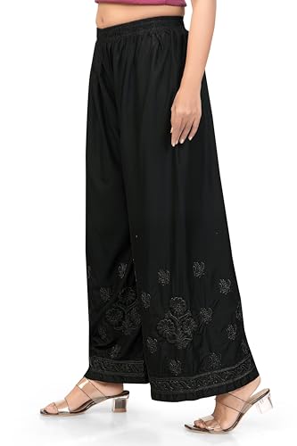 Image of Women's Palazzo Pants with Floral Embroidery, Elastic Waist, White,Black and Off White, Cotton, Lucknowi Style