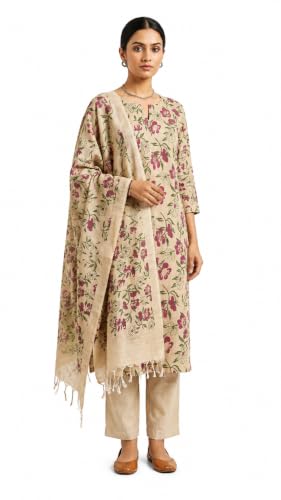 Image of HAIDER ALI Handloom Cotton Silk Screen Print Unstitched Suit Set for Women with Dupatta | Salwar Suit Dress Material for Women & Girls 01