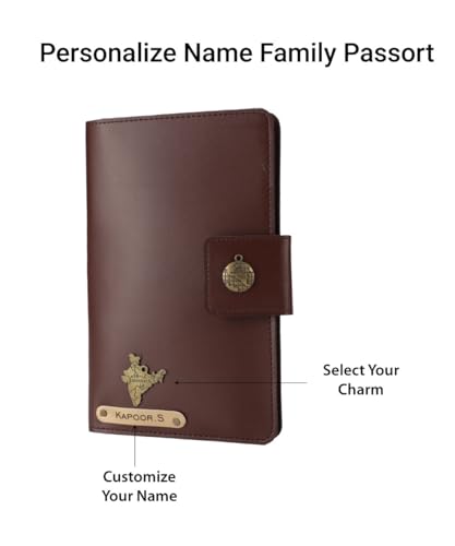 Image of AICA Personalized Name & Charm Leather Family Passport Cover for 4 with (Dark Brown) Passport Wallet Boarding Pass Currency Card Slot & Coin Holder for Men & Women | Family Passport Cover (Darkbrown)