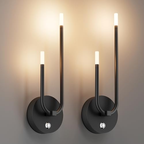 Image of Aipsun Black Battery Operated Wall Sconce Set of 2, Wireless Sconces Modern LED 3000K Rechargeable Wall Sconce Dimmable Battery Wall Light for Living Room,Bedroom