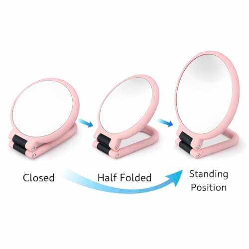 Image of Plastic 1x 15x Magnifying Handheld Square Hand Mirror, Travel Folding Hand Held Mirror, Double Sided Pedestal Magnification and True Image Makeup Mirror for Women with Adjustable Handle, Pink