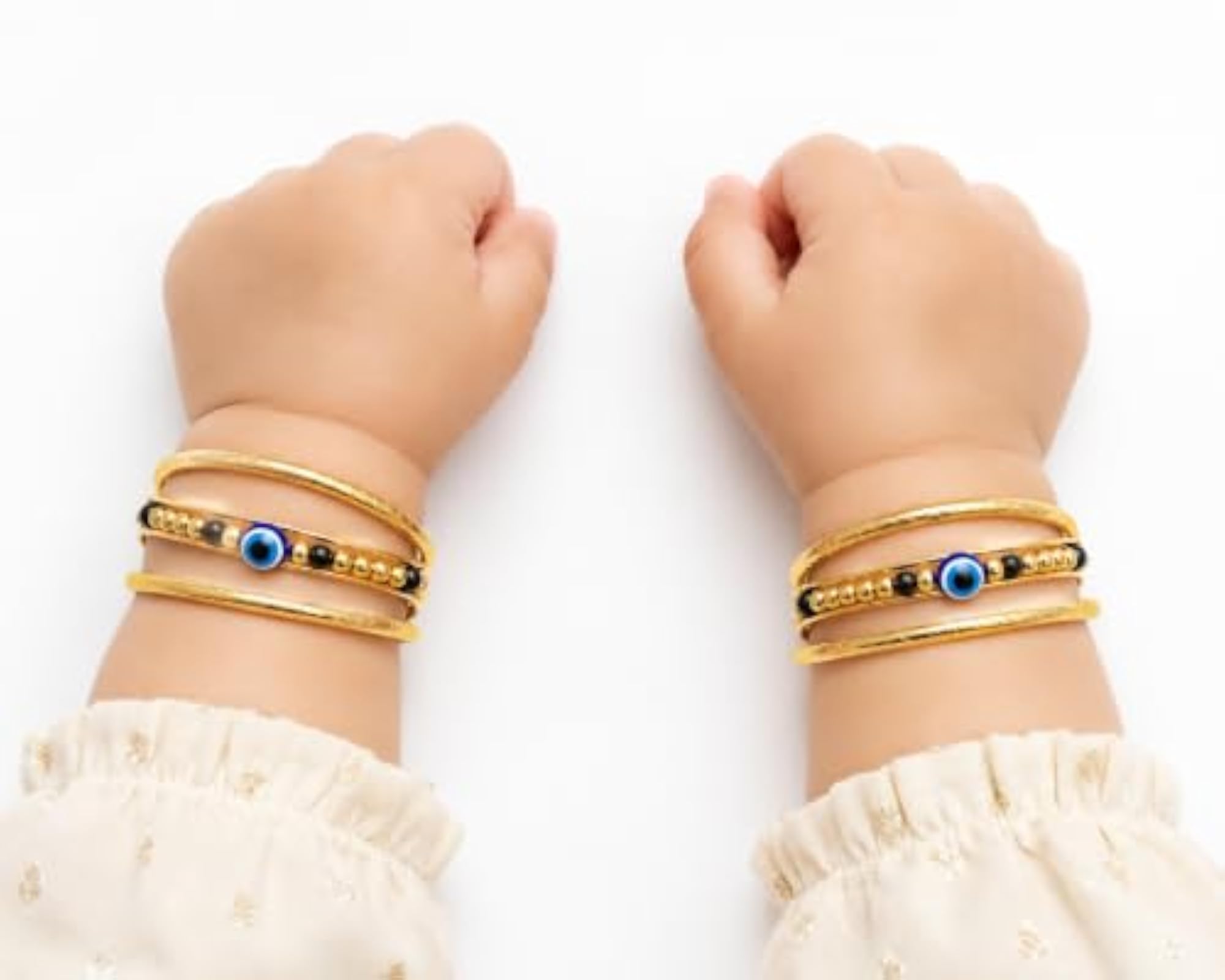 Gold-Plated Baby Bangles Set with Evil Eye & Black Beads, Adjustable