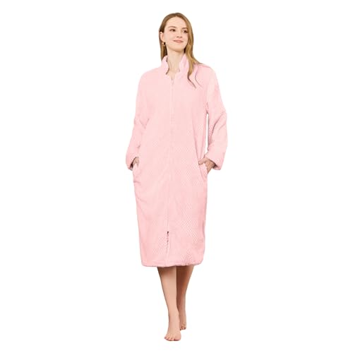 HEARTNICE Womens Flannel Zipper Robe, Soft Warm Robes for Women Cozy Long Sleeve Loungewear Luxurious Nightgown with Pockets