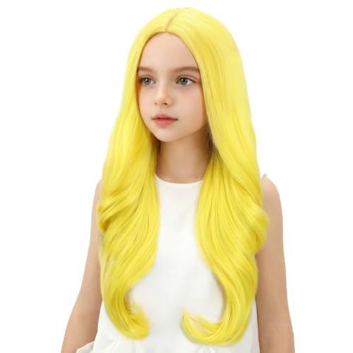 Image of Child Light Yellow Wig Girls Long Yellow Wavy Curly Wig Long Middle Part Wigs for Kids Heat Resistant Synthetic Wigs with Cap