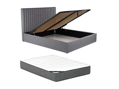 Vente-unique - Canapé abatible 140 x 190 cm con cabecero de Costuras Verticales - Tela - Gris + Colchón - Sarah