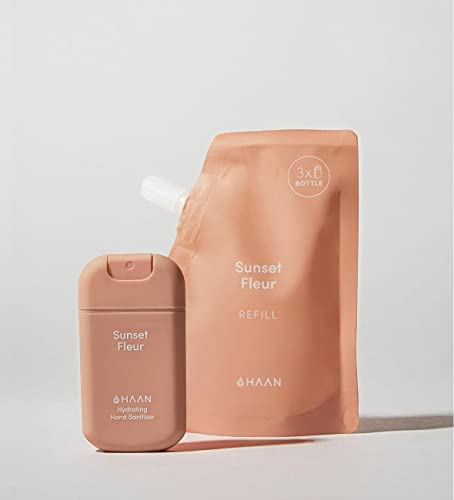 HAAN - Pack Recarga 100ml + Gel Hidroalcohólico 30ml - Desinfectante de Manos Hidratante en Spray con Aloe Vera - Aroma Sunset Fleur Cover