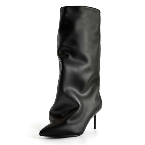 Women's Slouchy Knee High Boots Black Shark Boots for Women Stiletto Heel Pointed Toe Long Tall Boots Pull on Booties
