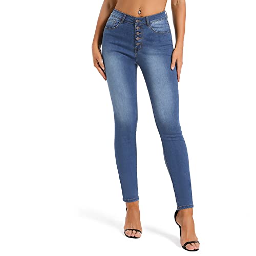 MIRLCIMR Womens High Waist Stretch Pants 5 Button Push Up Butt Lifting Skinny Colombian Jeans,Dark Blue,16