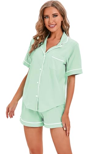 Image of LUBOT 100% Cotton Pajamas for Women 2 Piece PJ Set Button-Down Soft Knit Short Sleeve Summer Sleepwear Loungewear XS-XXL