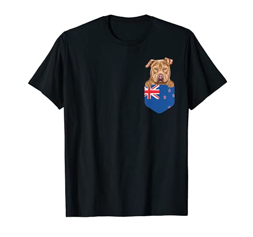 New Zealand Flag Usa Staffordshire Terrier Dog In Pocket T-Shirt, Black