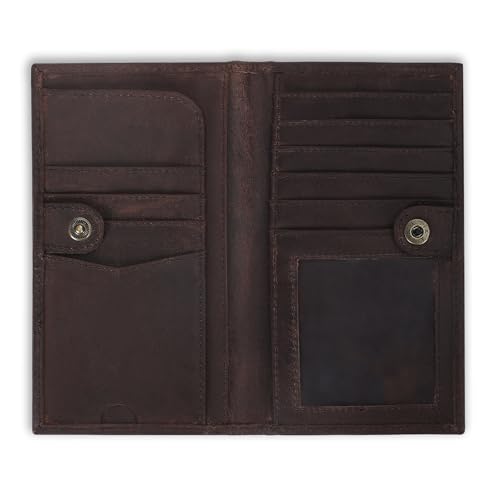 Genuine Leather RFID Blocking Long Wallet for Men & Women – Bifold Checkbook Cover Wallet with 10 Card Slots, 2 Bill Compartments, ID Window – Vintage Travel Organizer
