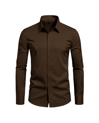 Lasjixion Mens Slim Fit Dress Shirts Wrinkle Free Formal Wedding Long Sleeve Button Down Shirts Brown