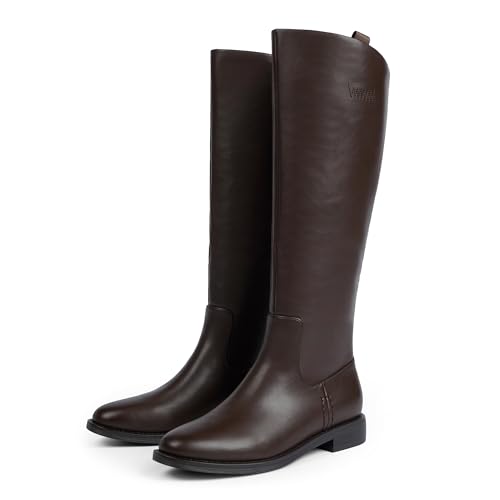 Image of Modatope Knee High Boots Women Rounded Toe Flat Retro Bais Opening Low Chunky Heel Riding Boots