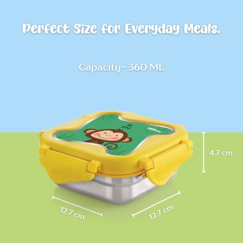 Image of STEELLOCK Smart Kids Stainless Steel Lunch Box, Leakproof & Airtight Tiffin Box for School Boys & Girls, BPA Free Food Grade with 4-Side Clip Lock | 360 ML | Yellow, 3D /UV Print Monkey