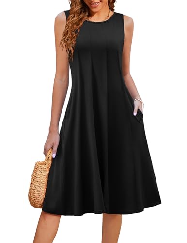 HOTOUCH Summer Casual Dresses for Women Sleeveless Midi Dress Swing Tank Sundress Pleated Tshirt Dress with Pockets2