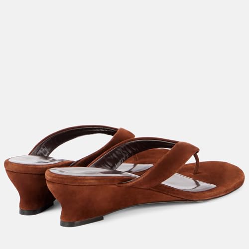 Women's Thong Wedge Heeled Sandals Slip On Flip Flop Slippers Leather & Suede Open Round Toe Fashion Dress Party Sandals Black Brown2