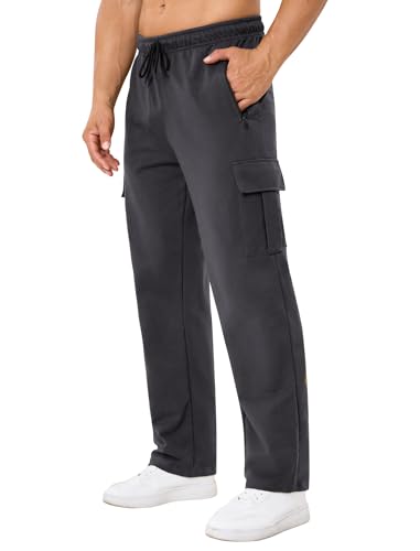 SILKWORLD Men's Sweatpants with Zipper Cargo Pockets Cotton Joggers Midweight Pants for Athletic Running Workout Casual, Charcoal, XX-Large