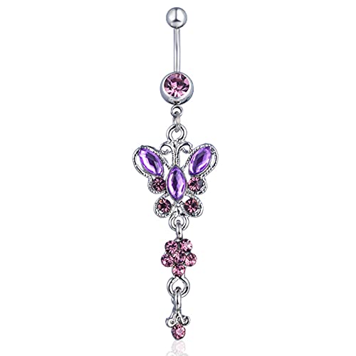 FUTIMELY Butterfly Belly Button Rings Dainty Crystal Rhinestone Paved Butterfly Belly Piercing Navel Ring Stainless Steel Navel Piercing Belly Body Jewelry (Purple)
