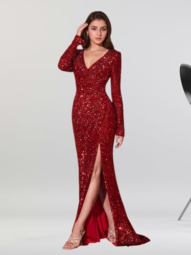 Basgute Sparkly Sequin Long Sleeve Prom Dresses Mermaid Slit V Neck Formal Evening Party Gown for Women3