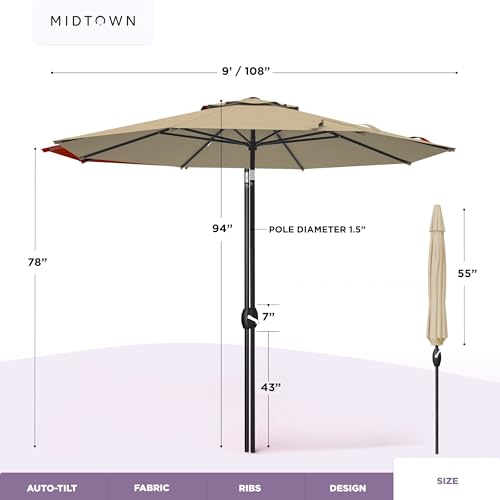 Image of Midtown Umbrellas - 10-Year-No-Fade 9 Ft Patio Umbrella with Terylast Fabric, Auto-Tilt Aluminum Frame and 8 Reinforced Ribs for Deck, Pool, Garden & Beach - Chestnut Beige Canopy, Black Pole