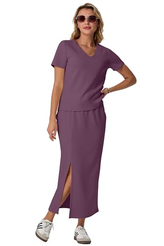 Image of GRECERELLE Women Summer Casual 2 Piece Sets V-Neck Wrinkle-Free Top & Elastic Waist Midi Side Slit Skirt with Pockets