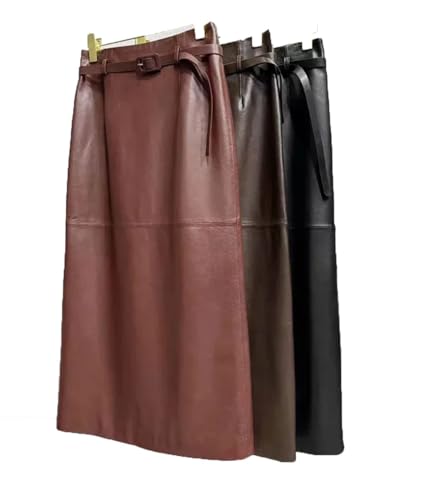 Women Ankle Long Leather Skirt with Waist Belt Female Soft Leather Back Split Straight Slim Skirts4