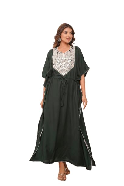 Elegant Mirror Work Kaftan for Women with Designer Neck & Adjustable Waist | Ethnic Wear. (Green)-picture-47