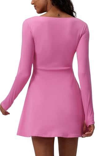 Square Neck Long Sleeves Tennis Dress One Piece Exercise Dress with Built-in Bra2