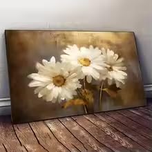 ZHUOYA Modern Abstract Flower Print Art - White Daisies on Textured Golden Background Canvas Painting - Suitable for Living R(80x120cm/Frameless)