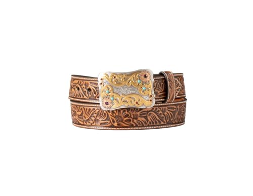 Nocona Belt Co. Women's Floral Embossed Scalloped Buckle Belt, Natural, Large