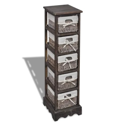 Mhdvray Étagère de Rangement en Bois avec 5 Paniers en Tissage Marron - Meuble de Rangement Vertical pour Salon et Chambre - Tour de Rangement Rustique en...