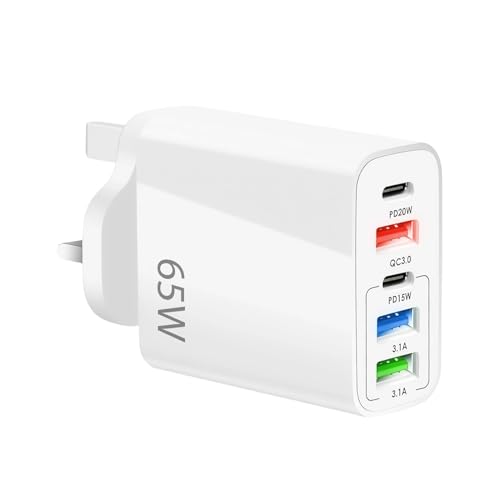 Ajsdvog 65W USB C Plug Multi Usb Port Fast Wall Charger Uk Plug 5 Ports Mobile Phone Chargers Adapter for Phone 16 15 14 13 12 11 Pro Max XS XR X 8 Galaxy S24 S23 S22 S21