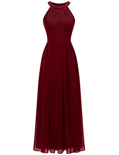 Dressystar Women's Summer Long Formal Dress Halter Lace Dress Wedding Bridesmaid Party Gown Dark Red 2Xl #TOP1