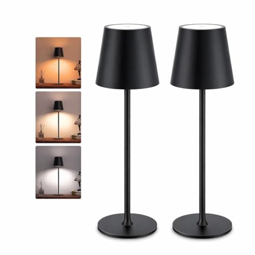 PRIME ESSENTIALS® PACK AHORRO 2 Lámparas LED de Mesita de Noche Color Negro para Dormitorio sin Cables I Lámpara Táctil de Mesa de Lectura Recargable I 3 Modos de Luz con Brillo y Altura Ajustable.
