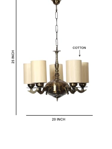 Image of Devansh 05 Lights Round Off-White Cotton Shade with Antique Golden Chandelier