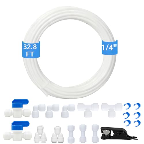 GOOGIES Water Line Kit 1/4 O.D. Water Tubing 32.8FT for R.O. System and ice Maker with 12-PCS Quick Connect and Tubing Cutter